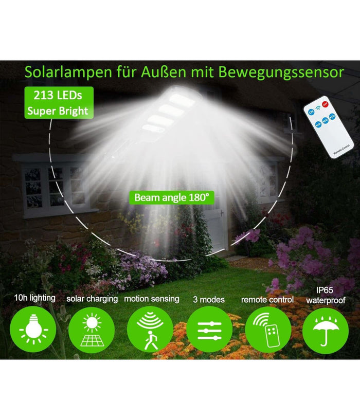 Lampione Stradale Pannello Solare 213 Led Con Sensore Di Movimento E Telecomando         
