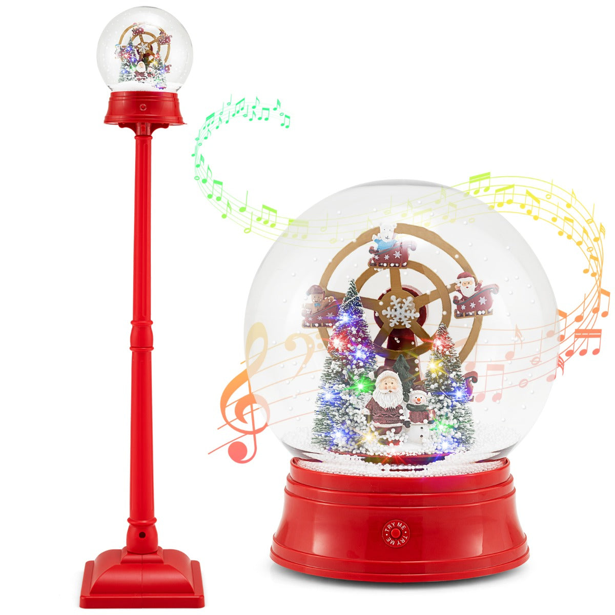 Lampione stradale musicale di natale nevicata soffiante e 15 luci LED colorate-Globo della neve su supporto con babbo natale e ruota panoramica