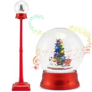 Lampione stradale musicale di natale nevicata soffiante e 15 luci LED colorate-Globo della neve su supporto con babbo natale e pupazzo di neve