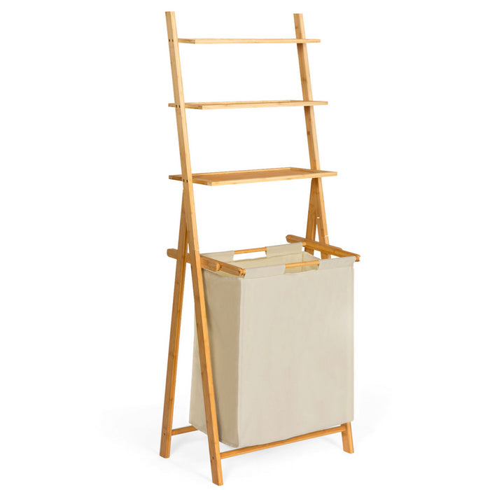 IDMarket - LANA Cesto portabiancheria a 2 scomparti in bambù con ripiani in tessuto ecrù