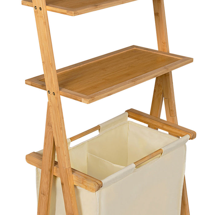 IDMarket - LANA Cesto portabiancheria a 2 scomparti in bambù con ripiani in tessuto ecrù