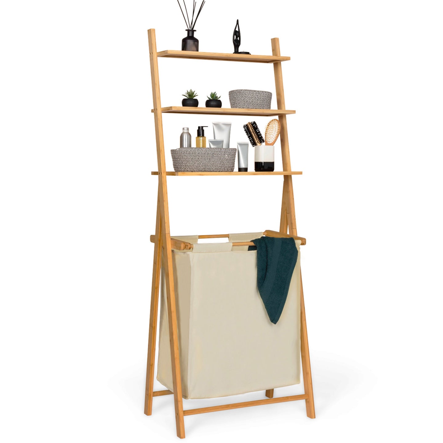 IDMarket - LANA Cesto portabiancheria a 2 scomparti in bambù con ripiani in tessuto ecrù