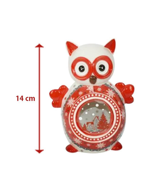 Lanterna Ceramica Gufo Con Candela Elettrica 14 Cm Decorazioni Natalizie         