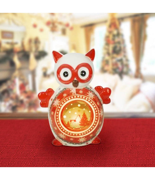 Lanterna Ceramica Gufo Con Candela Elettrica 14 Cm Decorazioni Natalizie         