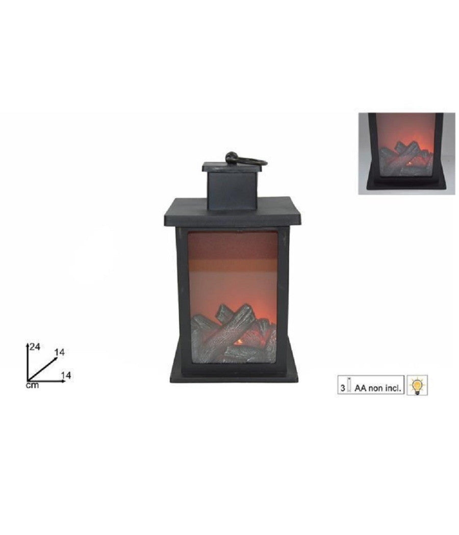 Lanterna Con Fuoco Led Batteria 14 X 24 Cm Caminetto Decorativo Natale         