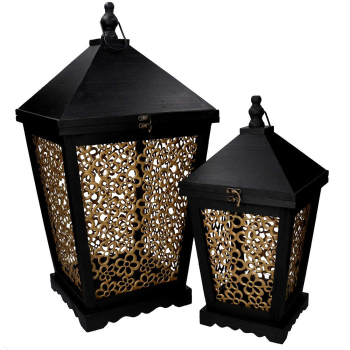 Lanterna legno 1-2 fiori oro e nero cm 32x32h62