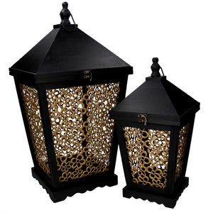 Lanterna legno 1-2 fiori oro e nero cm 32x32h62
