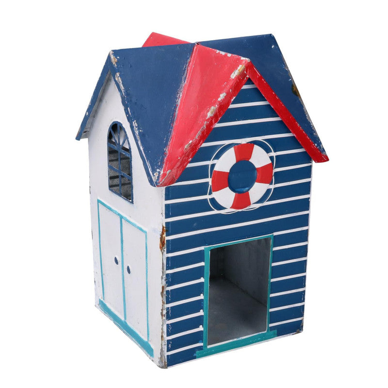 Lanterna metallo mare casetta bianco blu quadro cm 19x19h29