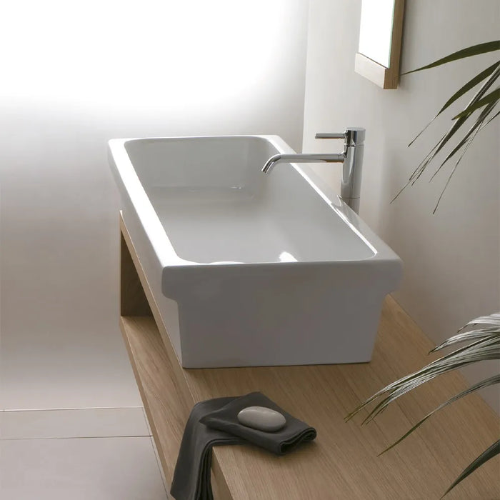 Lavabo a canale 120x45 cm d'appoggio o sospeso in ceramica lucida
