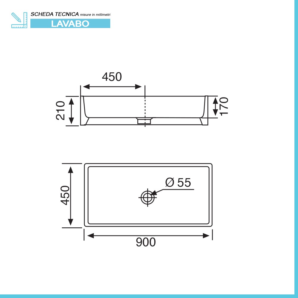 Lavabo a canale 90x45 cm d'appoggio o sospeso in ceramica lucida