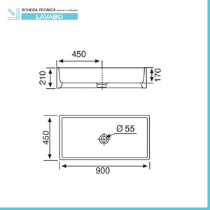 Lavabo a canale 90x45 cm d'appoggio o sospeso in ceramica lucida
