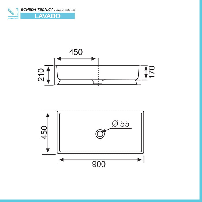 Lavabo a canale 90x45 cm d'appoggio o sospeso in ceramica lucida
