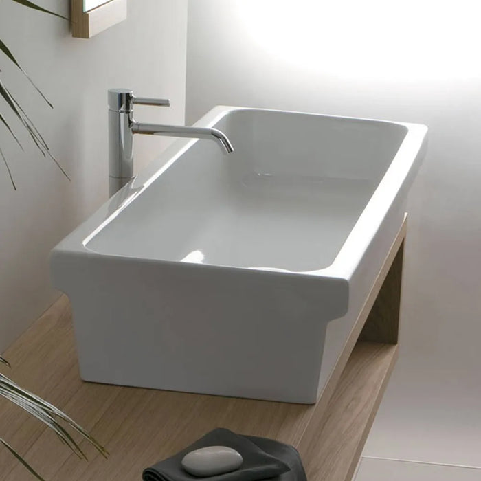 Lavabo a canale 90x45 cm d'appoggio o sospeso in ceramica lucida