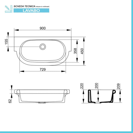 Lavabo a canale 90x45 modello Kenia in ceramica dappoggio o sospeso