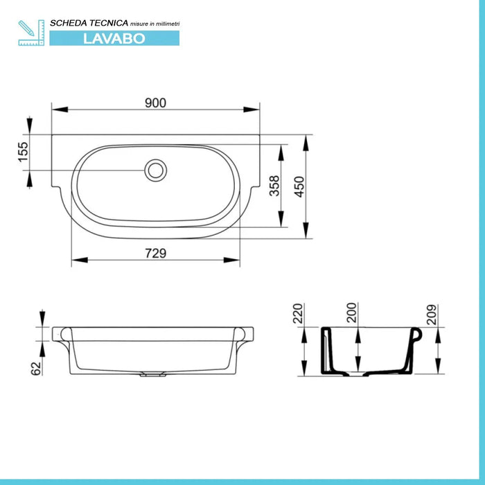 Lavabo a canale 90x45 modello Kenia in ceramica dappoggio o sospeso