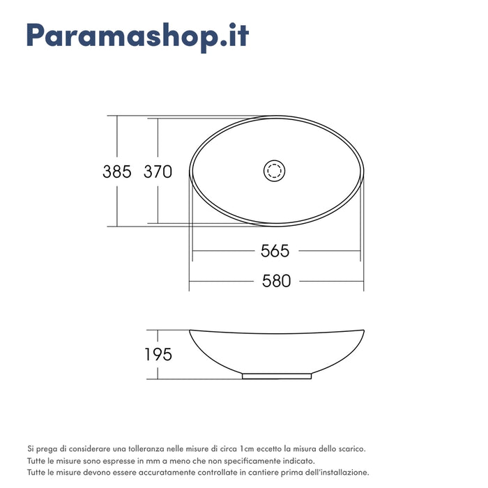 Lavabo da appoggio in ceramica ovale con troppopieno 58x38,5x19,5 cm 