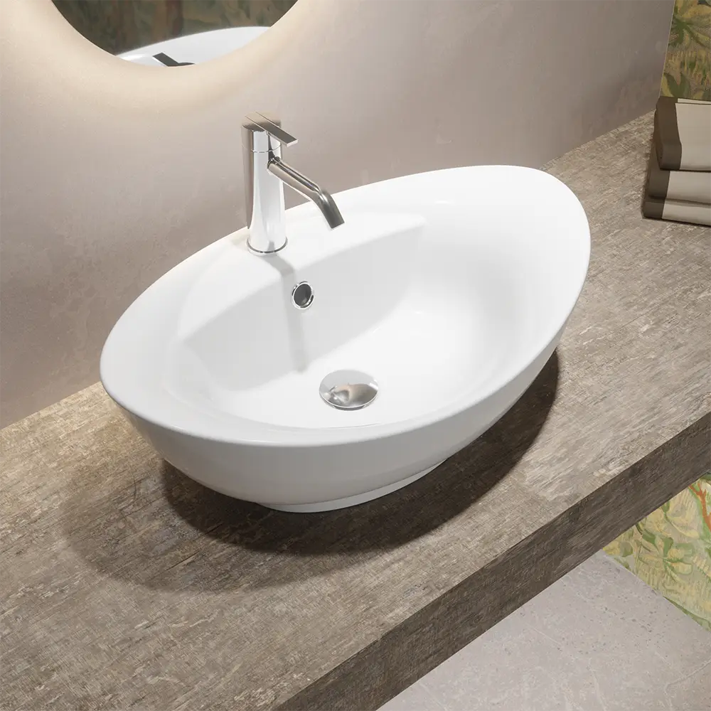 Lavabo da appoggio ovale con troppopieno 59x40x22 cm Bianco