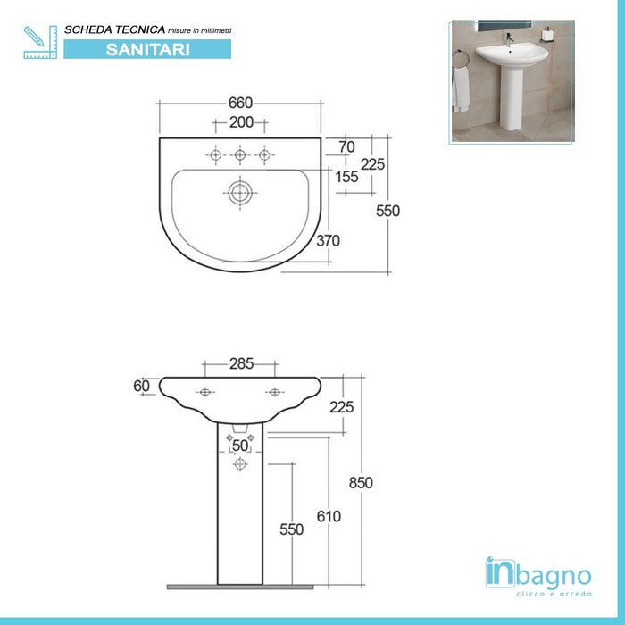 Lavabo bagno con colonna 66x55 cm Rak serie Orient in ceramica bianca lucida
