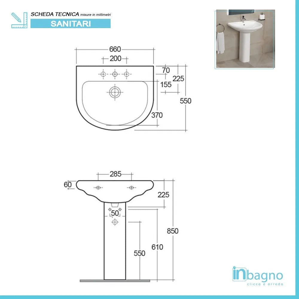 Lavabo bagno con colonna 66x55 cm Rak serie Orient in ceramica bianca lucida