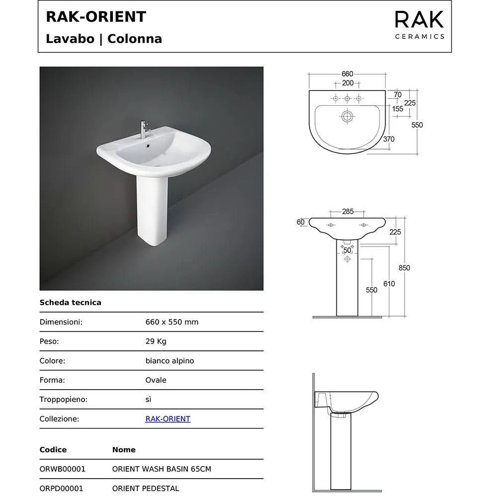 Lavabo bagno con colonna 66x55 cm Rak serie Orient in ceramica bianca lucida