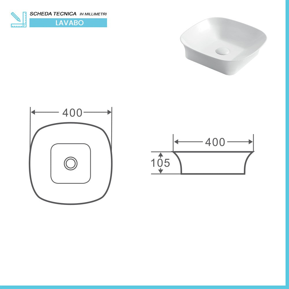 Lavabo da appoggio 40x40 quadrato in ceramica bianco lucido
