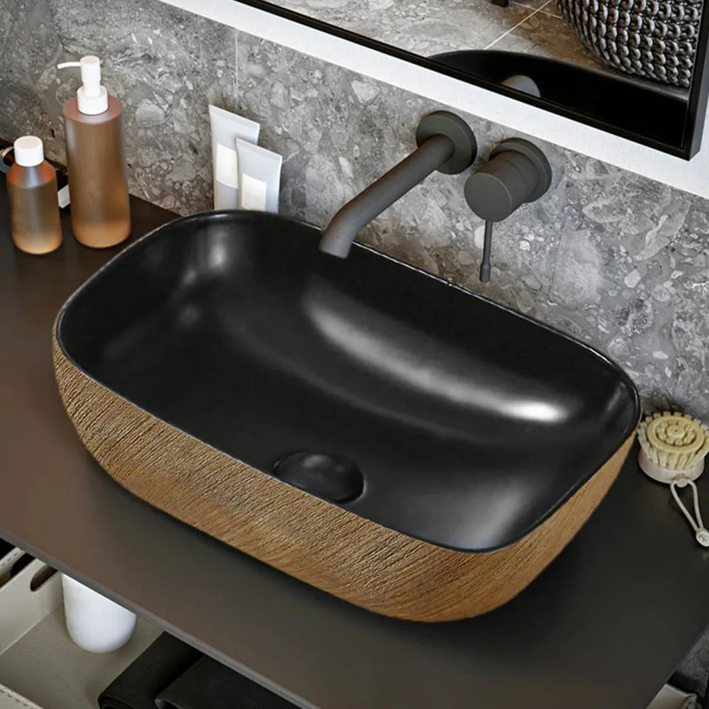 Lavabo da appoggio 45x32 cm in ceramica nero opaco con dettagli oro