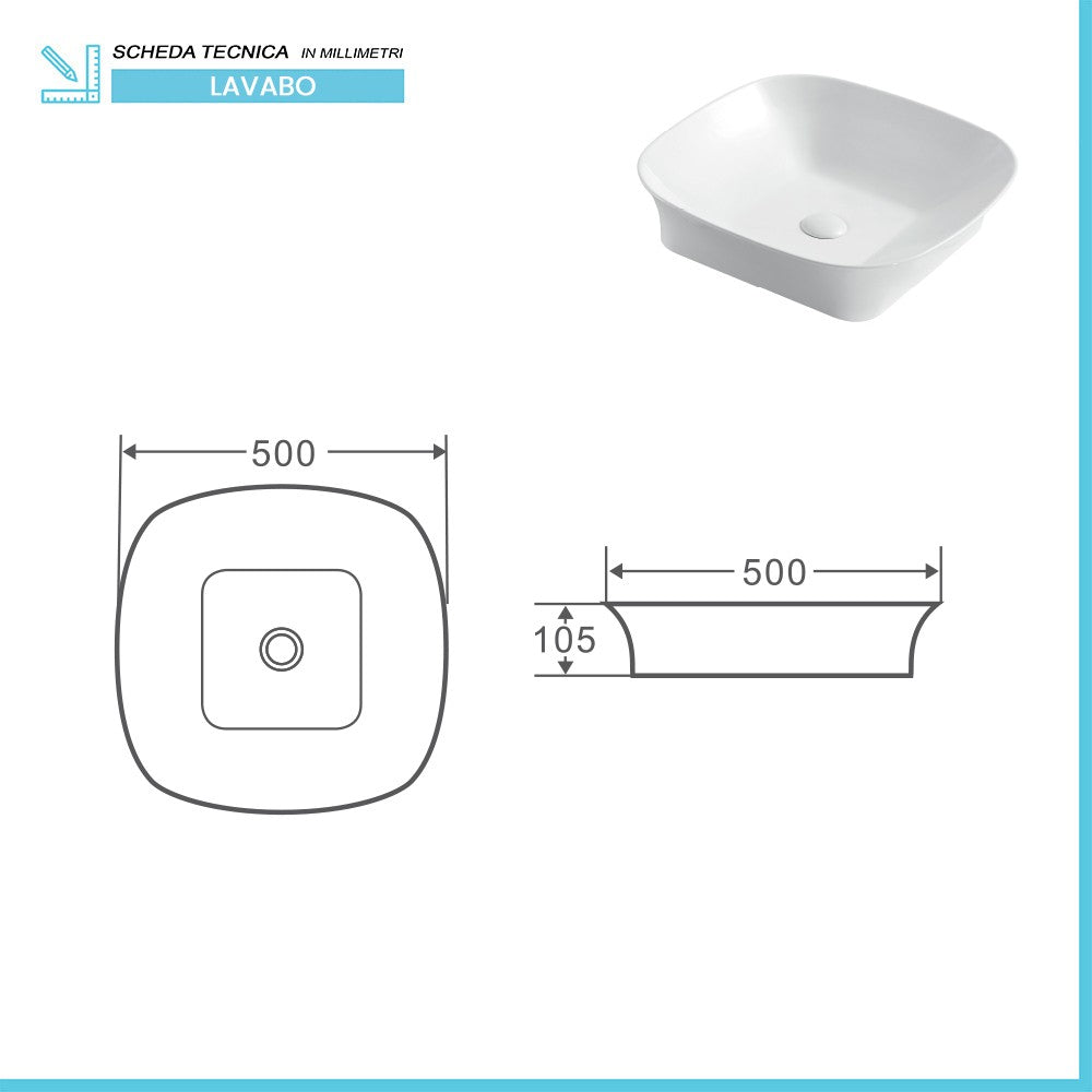 Lavabo da appoggio 50x50 quadrato in ceramica bianco lucido