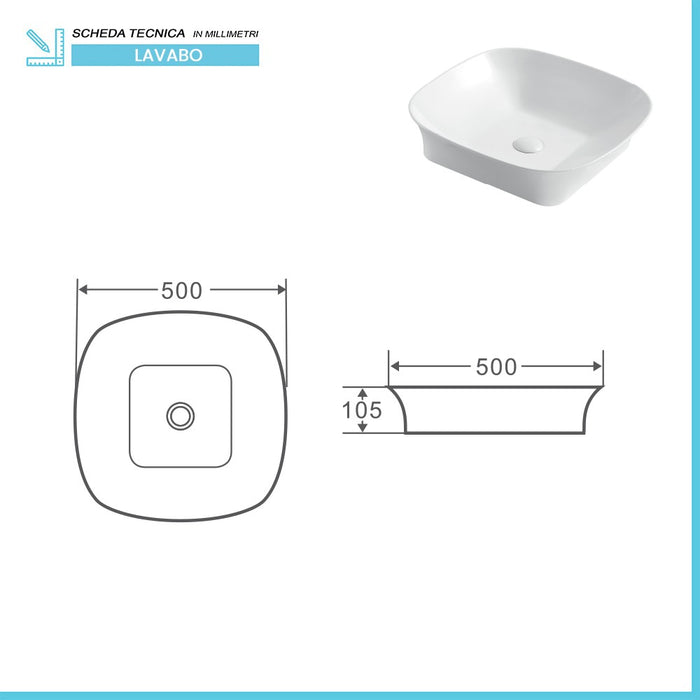 Lavabo da appoggio 50x50 quadrato in ceramica bianco lucido