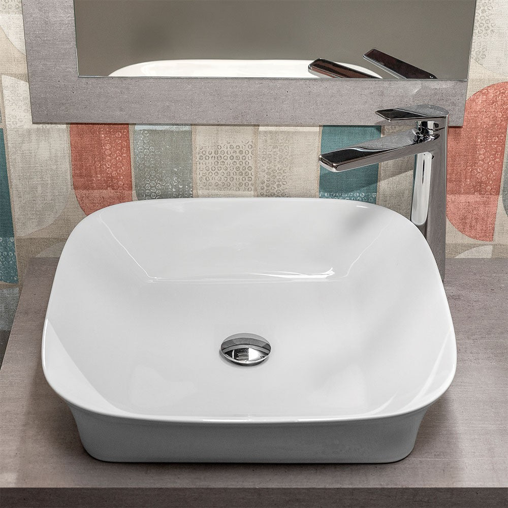 Lavabo da appoggio 50x50 quadrato in ceramica bianco lucido