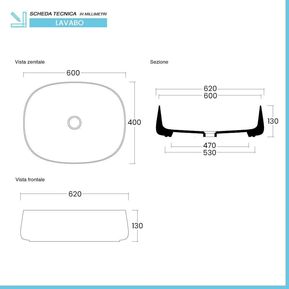 Lavabo da appoggio 60 cm rettangolare in ceramica bianco lucido  Milos