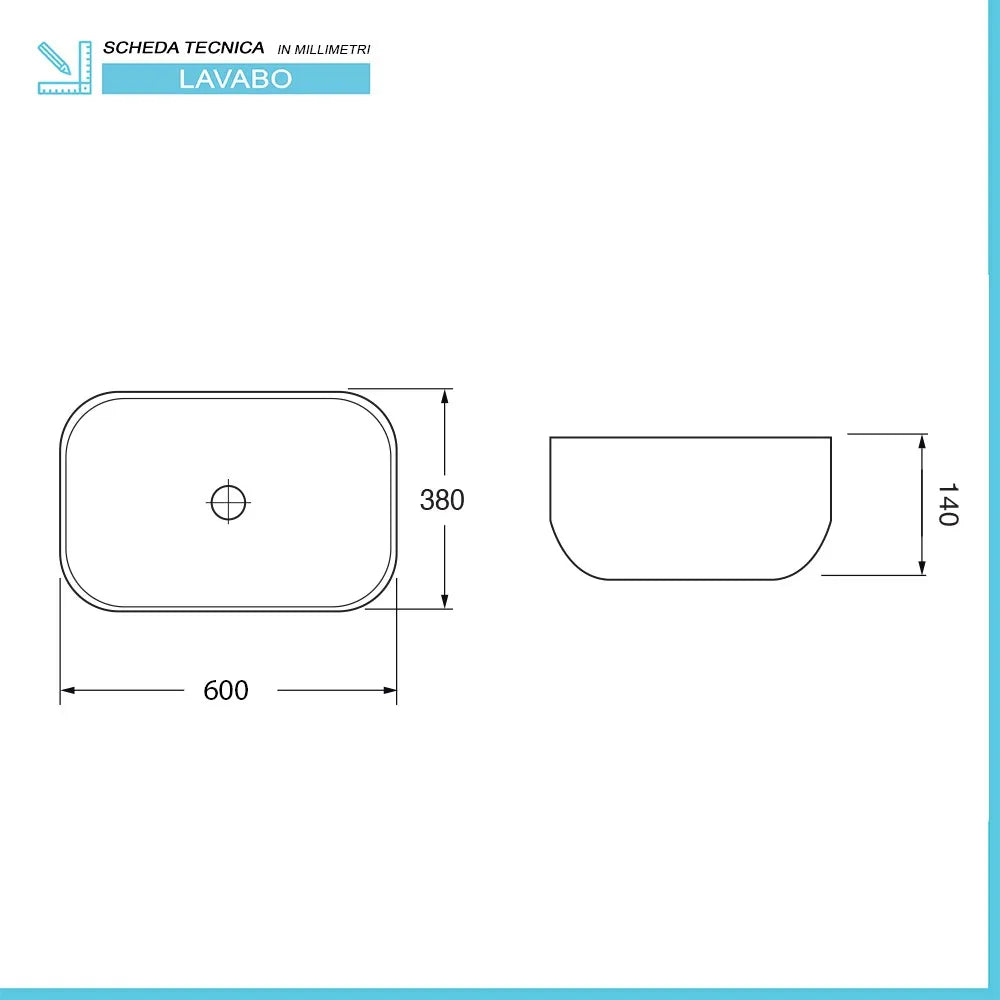 Lavabo da appoggio 60x38 cm in ceramica bianco lucido