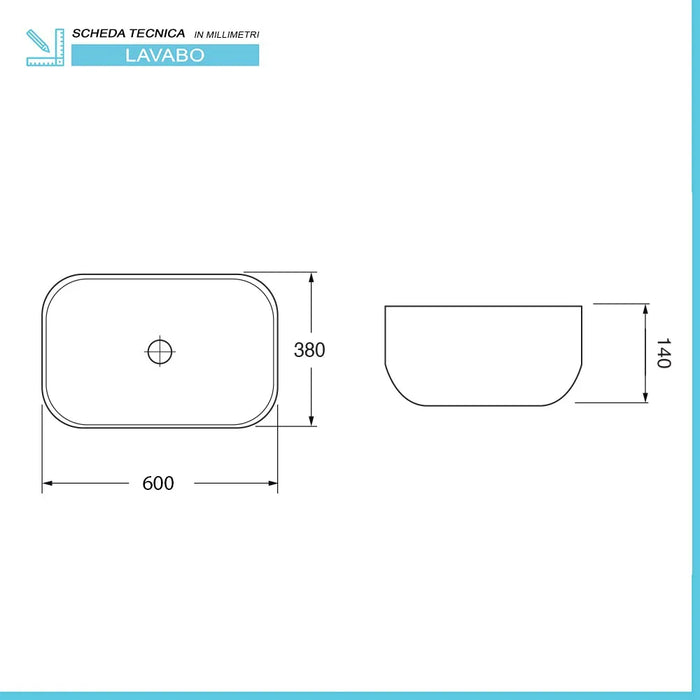 Lavabo da appoggio 60x38 cm in ceramica bianco lucido