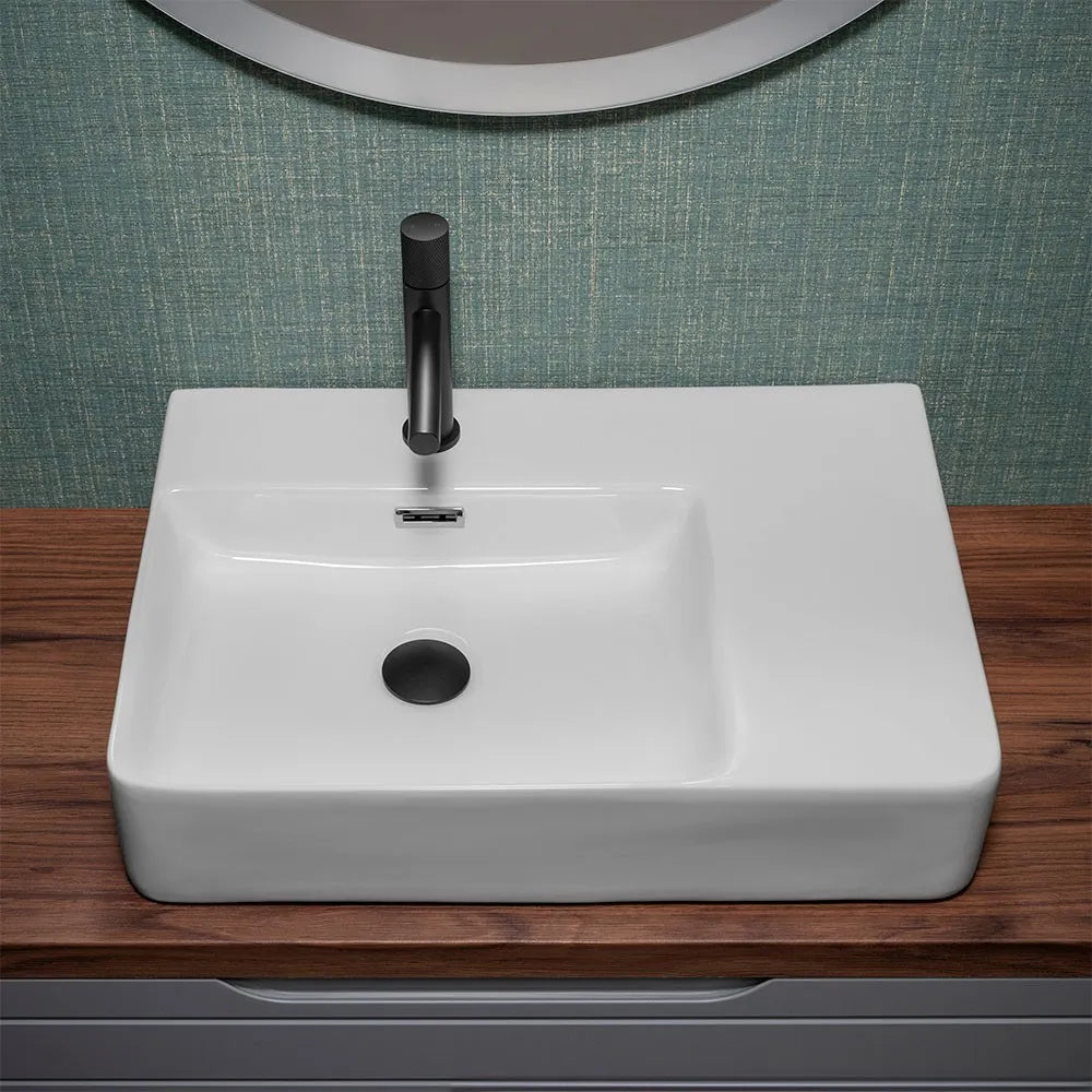 Lavabo da appoggio 60x43 con vasca a sinistra in ceramica lucida