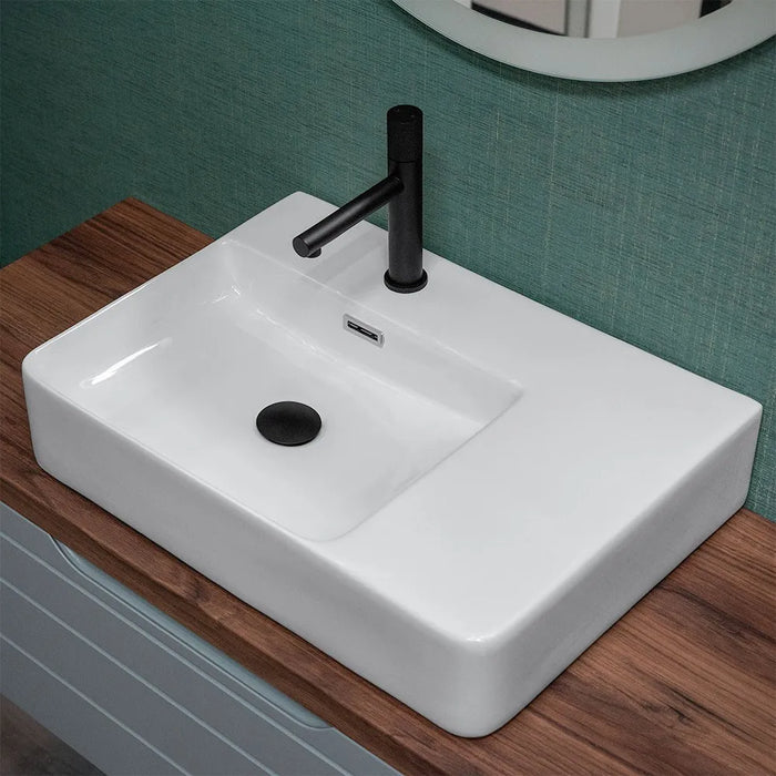 Lavabo da appoggio 60x43 con vasca a sinistra in ceramica lucida