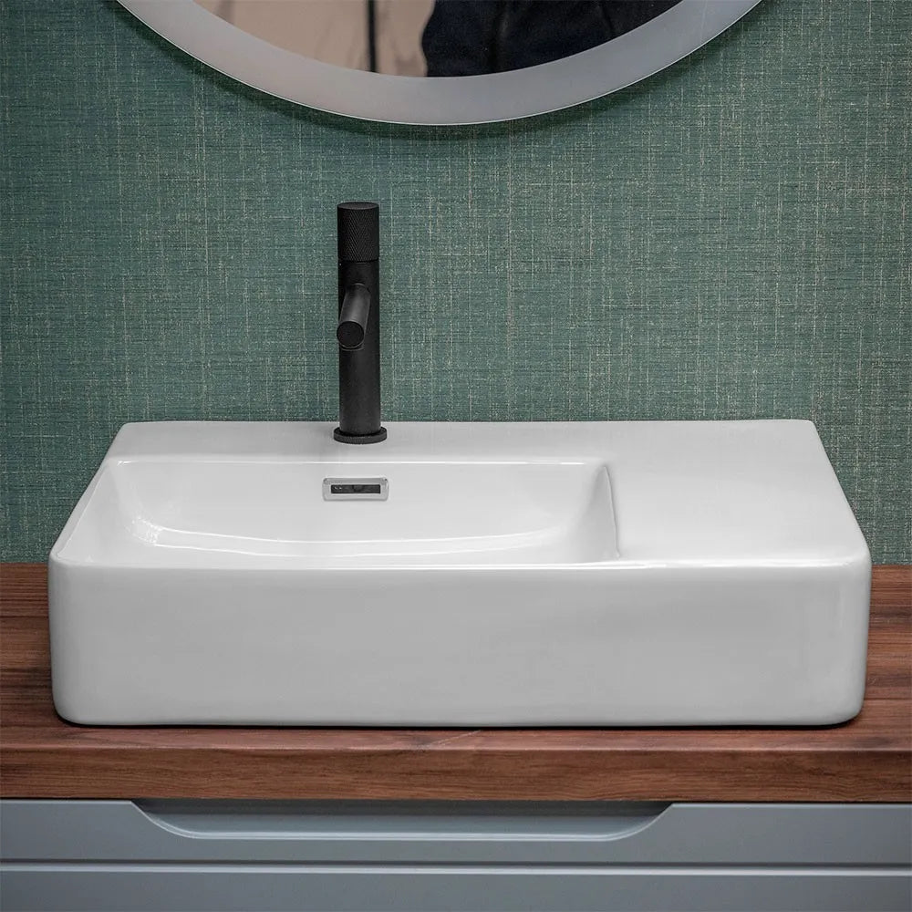 Lavabo da appoggio 60x43 con vasca a sinistra in ceramica lucida