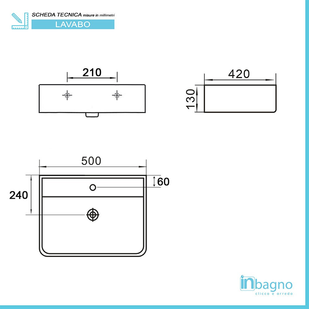 Lavabo da appoggio in ceramica 50x42 cm rettangolare bianco lucido
