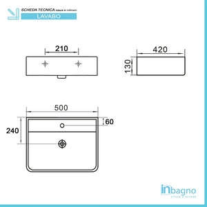 Lavabo da appoggio in ceramica 50x42 cm rettangolare bianco lucido