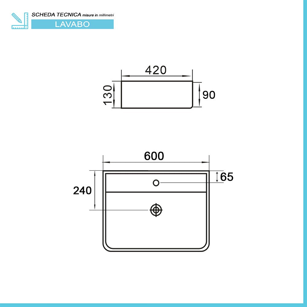 Lavabo da appoggio in ceramica rettangolare 60x42 cm bianco lucido