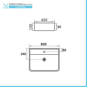 Lavabo da appoggio in ceramica rettangolare 60x42 cm bianco lucido