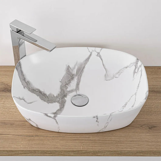 Lavabo da appoggio ovale 50x38 cm effetto marmo bianco Tokyo