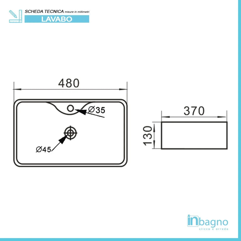 Lavabo da appoggio rettangolare 48x37 cm in ceramica bianco lucido