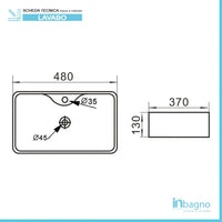 Lavabo da appoggio rettangolare 48x37 cm in ceramica bianco lucido