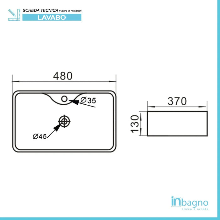 Lavabo da appoggio rettangolare 48x37 cm in ceramica bianco lucido