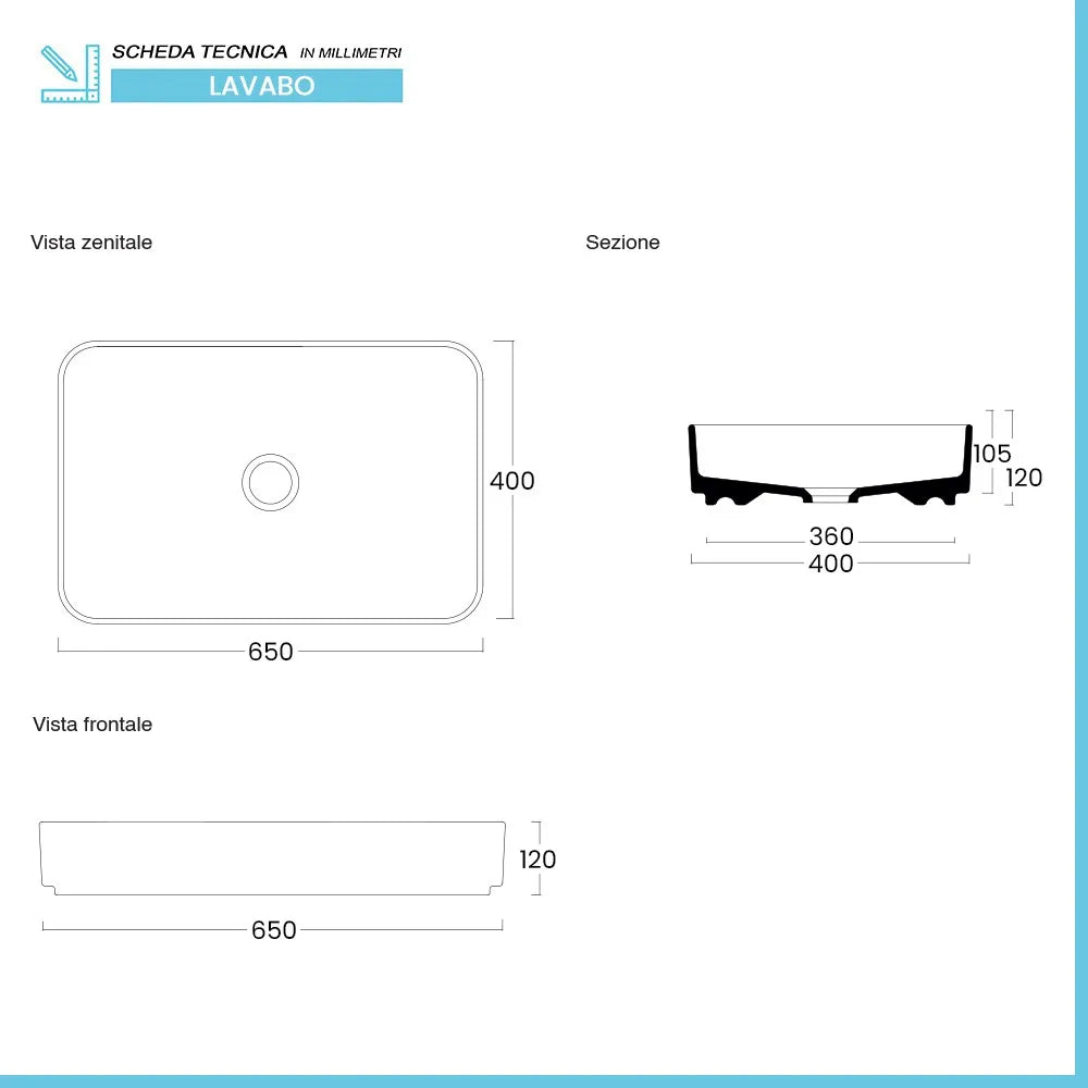 Lavabo da appoggio rettangolare 65 in ceramica bianco lucido  Epsilon