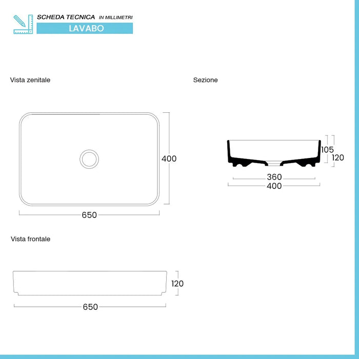 Lavabo da appoggio rettangolare 65 in ceramica bianco lucido  Epsilon