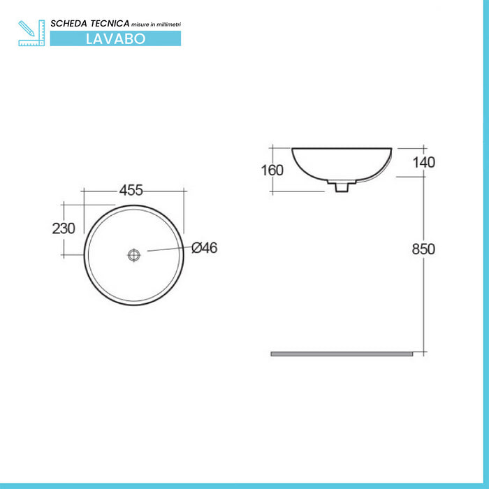 Lavabo da appoggio tondo 45,5x16 cm a ciotola Rak modello Diana