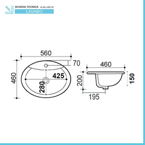 Lavabo da incasso soprapiano ovale 56x46 cm in ceramica lucida