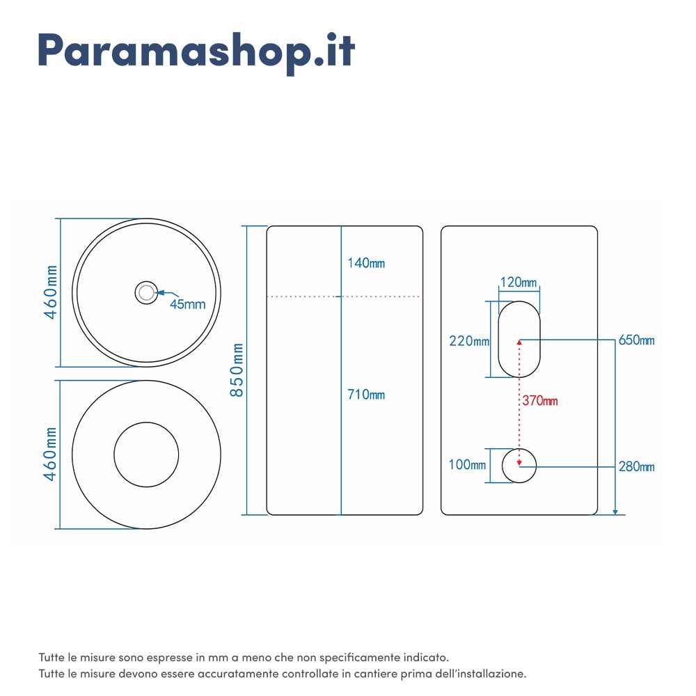 Lavabo freestanding tondo 46cm in ceramica bianco lucido con troppopieno | Baltico