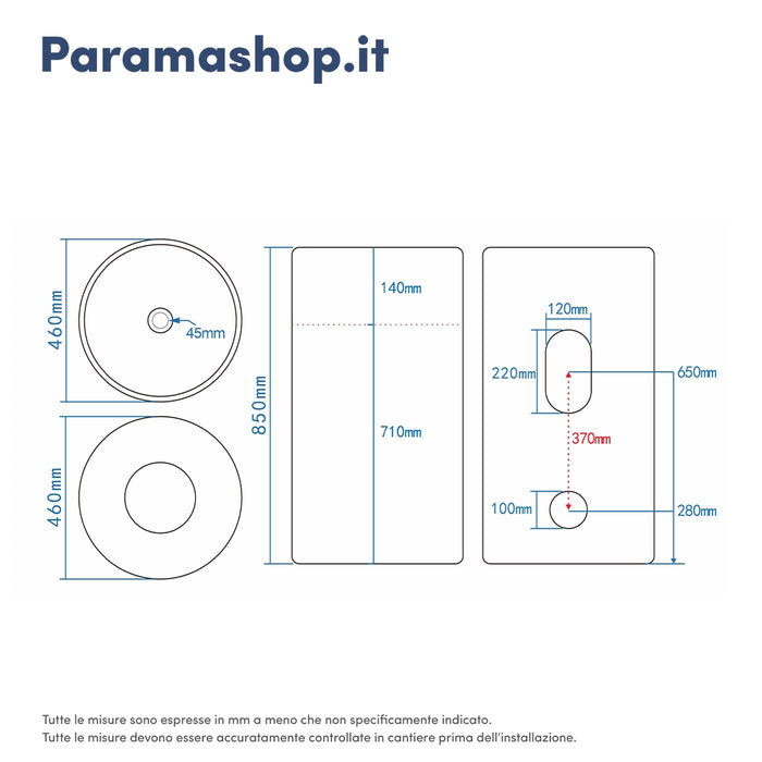 Lavabo freestanding tondo 46cm in ceramica bianco lucido con troppopieno | Baltico