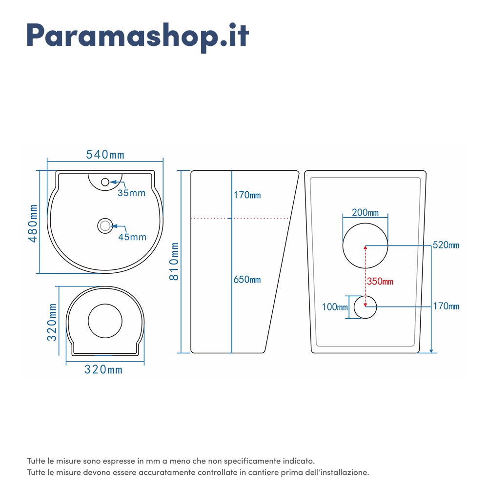 Lavabo freestanding 54x48 cm in ceramica bianco lucido | Bering